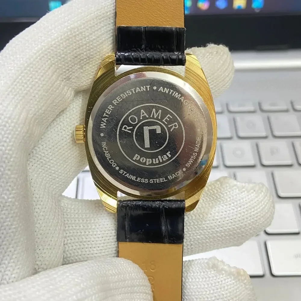 Vintage 1983 Roamer Manual Mens Gold Watch W/Leather Strap & Blue accents